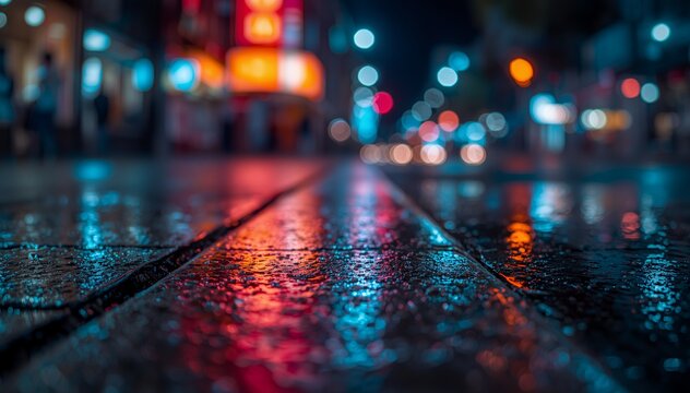 Vibrant City Night Reflections on Wet Pavement