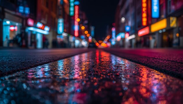 Vibrant Neon Reflections on a Wet City Street at Night