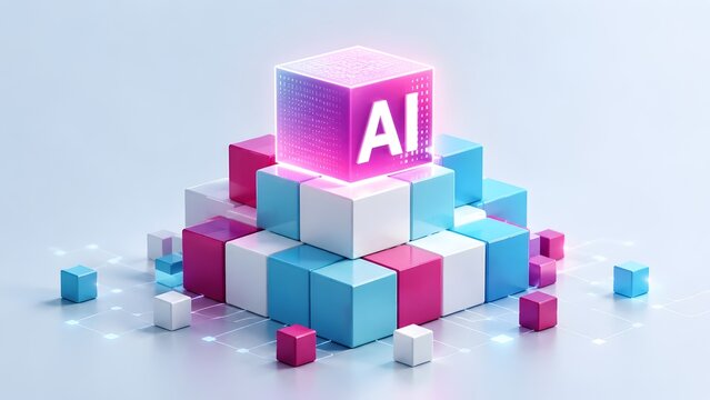 Colorful abstract geometric cube pyramid with glowing artificial intelligence block on top