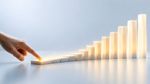 Hand touching first step of ascending glowing stairs representing business growth and career development journey
