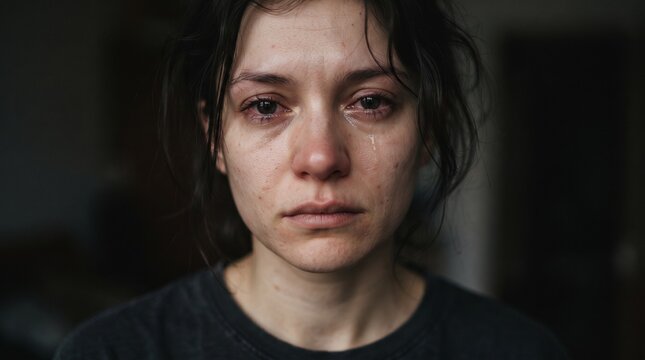 close up portrait of a crying woman looking at the camera with teary red eyes