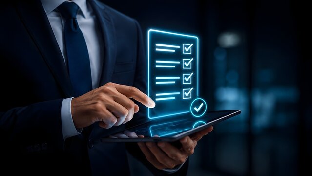 Corporate businessman using tablet with glowing digital checklist hologram for online task approval and document verification