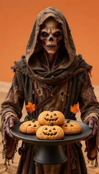 Hooded grim reaper skeleton holding black platter with cookies