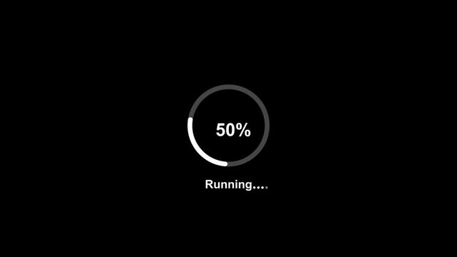 Minimalist circular loading progress bar animation with percentage counter and running text indicator for digital interface software installation, data processing, and web user experience projects