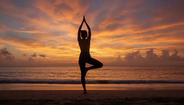 Peaceful Woman Practicing Yoga on Beach at Vibrant Sunset