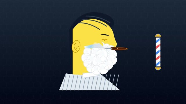 2D animation of a man getting a straight razor shave and shaving foam applied with a brush at a barbershop with a spinning barber pole on a dark blue hexagon pattern background