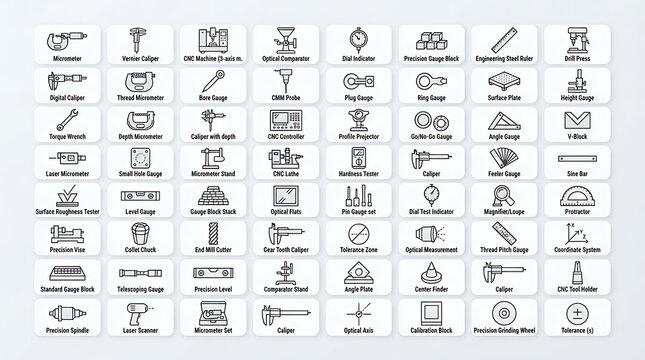 Measurement tools icons showcase a wide variety of precision instruments for engineering quality control and manufacturing workflows.