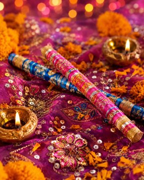 Colorful Dandiya Sticks with Diya Lamps and Marigold Flowers for Navratri Garba Celebration