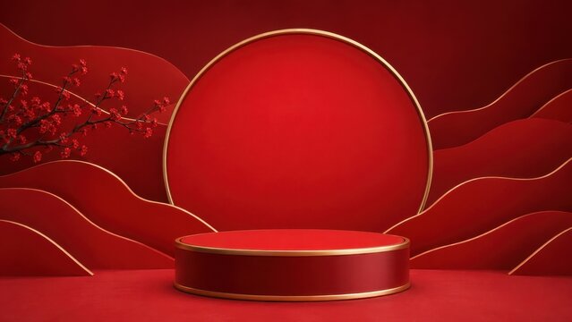 > Red cylinder podium stage for product display. Traditional Chinese New Year or Mid-Autumn Festival background with plum blossoms, golden borders, and 3D layered mountains
