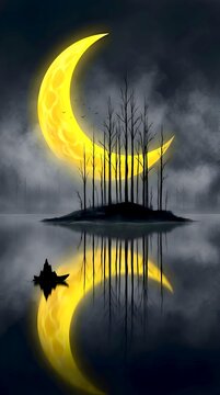 Crescent moon reflection over calm night lake with silhouette boat and bare trees art illustration