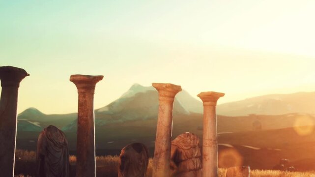 Ancient columns rise in a field as the sun sets behind distant mountains. The sky shows warm colors as light casts shadows on the weathered stone. This scene captures history at dusk.
