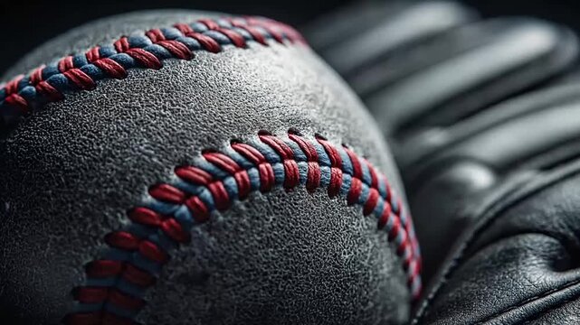 Close-up of a dirty baseball and leather glove.