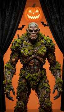 Fantasy swamp monster standing jack o lantern for Halloween