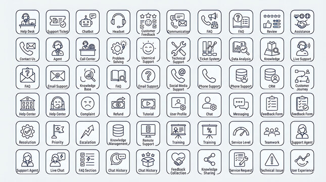Badges detailing technical support and client assistance workflows are presented in a structured layout to enhance user experience and service design.