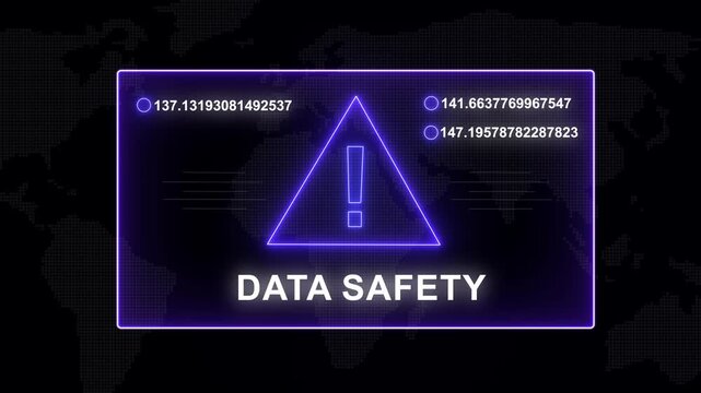 Cybersecurity data safety warning alert interface with glowing neon purple digital abstract map background, real-time processing metrics, and warning triangle for network protection