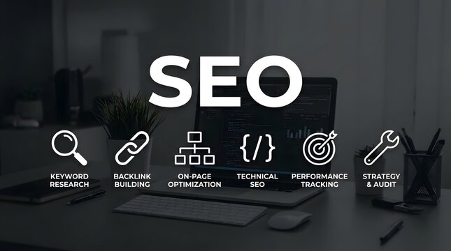 Digital marketing concept featuring seo search engine optimization icons and strategy elements on a dark office background