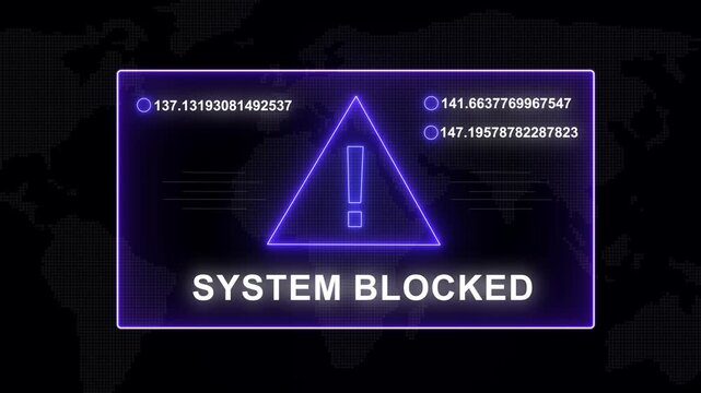 Cyber security system blocked warning alert with glowing neon purple interface, digital data processing hud, error message notification, global network access denied concept, high-tech computer ui