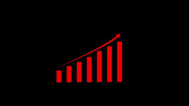 Animated red bar chart graph with rising trend arrow showing business growth, financial success, market performance, economic recovery, and positive statistical data analysis on a black background