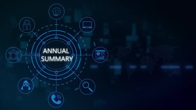 Annual summary business infographic hud animation with digital network and global data connectivity business report