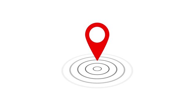 Animated red map pointer pin with pulsing concentric circles target marker for gps navigation, location tracking, digital wayfinding, and geo-tagging ui on a clean white background