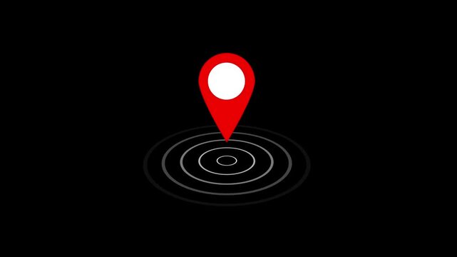 Animated red map location pin with pulsing radar circles on a clean black background, gps navigation, digital mapping, travel apps, logistics tracking, and geolocation ui