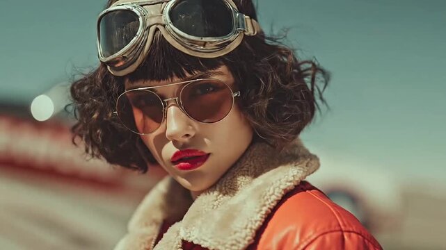 Stylish woman in red jacket and sunglasses outdoors.