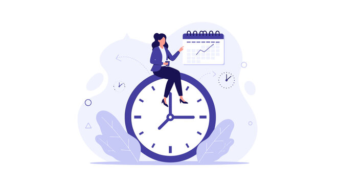 Businesswoman managing time and tasks on a large clock and calendar, representing planning, efficiency, and deadlines