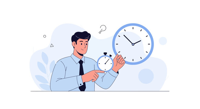 Businessman managing time with clocks and stopwatch, business concept illustration