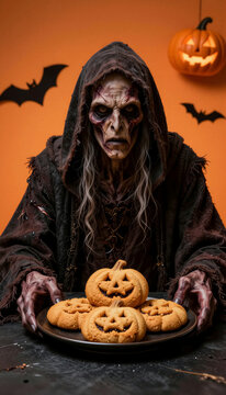 Spooky hooded creature holding a plate of jack o lantern cookies