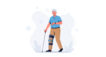 Fototapeta premium Elderly Man with Knee Brace and Cane Walks with Assistance, Symbolizing Recovery and Mobility