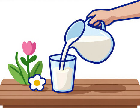 A hand pouring milk from a pitcher into a glass on a wooden table with flowers.