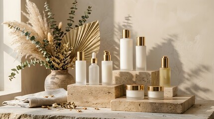 Obraz premium Luxury Skincare Product Set on Stone Pedestals with Dried Plants in Minimalist Natural Sunlight