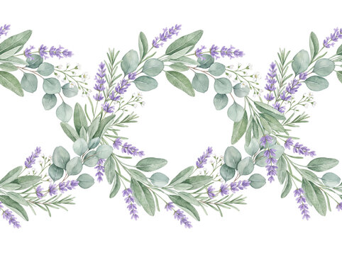 Seamless watercolor border pattern with lavender and eucalyptus leaves repeating floral design, hand painted