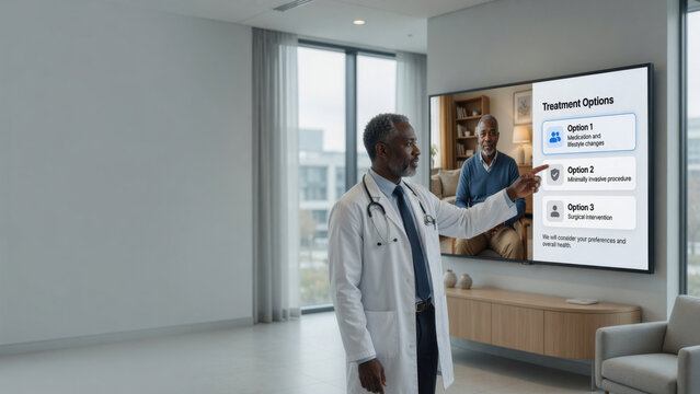 African male doctor medical consultation digital screen treatment option telehealth hospital room modern clinic health technology senior patient remote care telemedicine online doctor concept