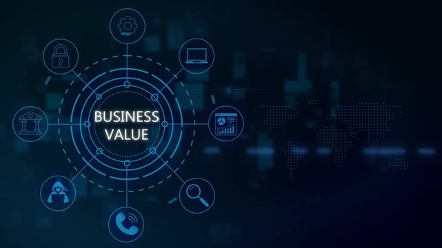 Business value digital concept with hud interface and global network animated technology background, for corporate strategy, and financial growth presentations
