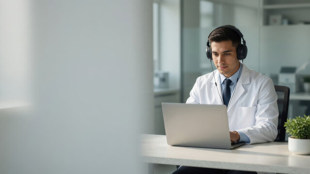 Doctor laptop headphone office telehealth consultation medical online professional technology focused doctor with headphone laptop office telehealth telemedicine online doctor concept