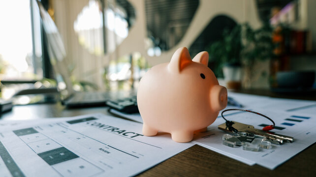 Piggy bank and keys on contract document, symbolizing financial planning and home ownership