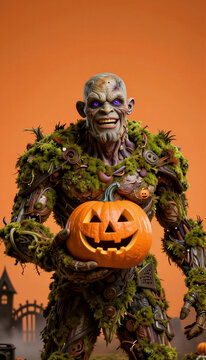 Fantasy swamp monster holding a carved jack o lantern with purple eyes