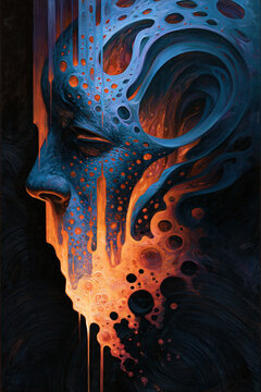 illustrated amorphous portrait, blue orange melting patterned face on black, illustration