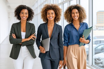 Fototapeta premium Three business women colleagues smiling and walking together in a bright modern office hallway