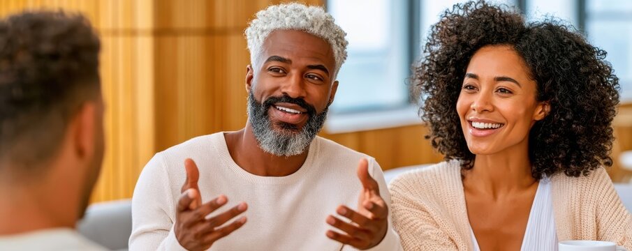 Friendly business meeting with couple engaged in a warm conversation in a bright modern office