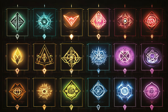illustrated arcane symbol collection, multicolor crystal sigils in dark rectangular panels, illustration