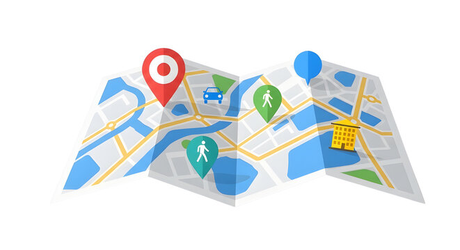 Folded paper city map with colorful location pins, navigation route with destination markers, travel guide and urban orientation concept