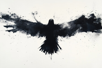 Naklejka premium illustrated black and white ink raven, bird with wings spread in dynamic black splashes, illustration
