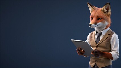 Naklejka premium A fox in a suit holds a tablet, looking professional against a dark background.