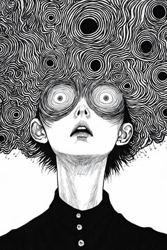 illustrated black and white manga horror portrait, frightened person with spiral hair and blank eyes, illustration