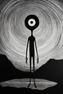 illustrated black and white manga horror cyclops, tall one eyed figure under spiral sky, illustration