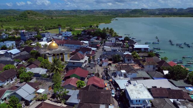 Gerupuk village Lombok island with fishing boats. Best aerial view drone