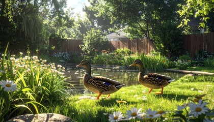 Two ducks walking near a tranquil garden pond in golden sunlight © Darminah