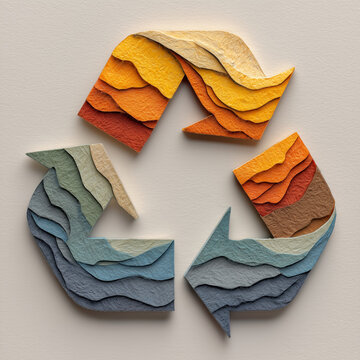 Layered paper cut recycling symbol representing environmental conservation and circular economy, 환경 보존과 순환 경제를 표현한 다층 지형 레이어 종이 재활용 마크